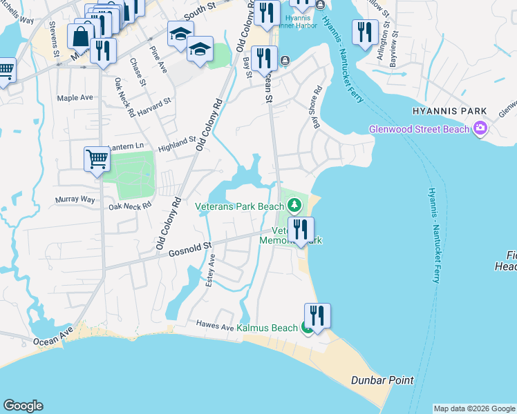 map of restaurants, bars, coffee shops, grocery stores, and more near 6 Stanley Place in Barnstable