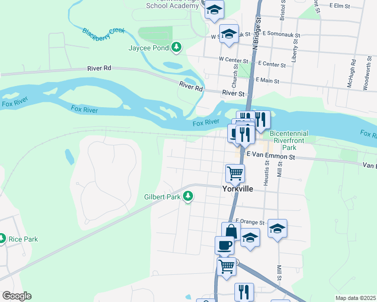 map of restaurants, bars, coffee shops, grocery stores, and more near 410 Morgan Street in Yorkville