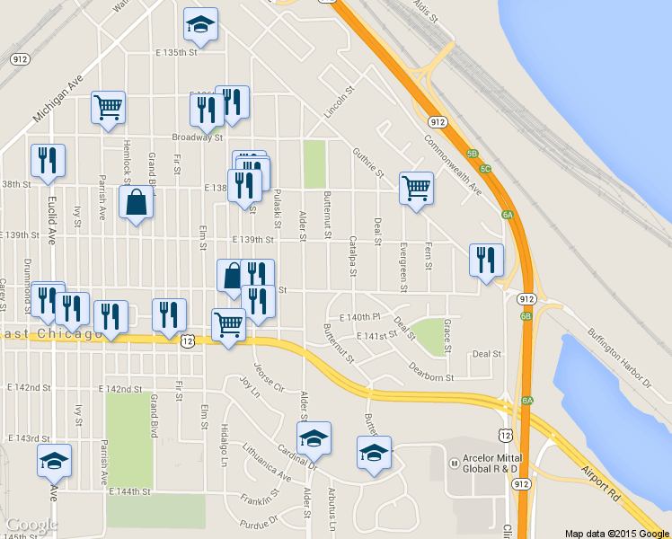 map of restaurants, bars, coffee shops, grocery stores, and more near 3923 Butternut St in East Chicago