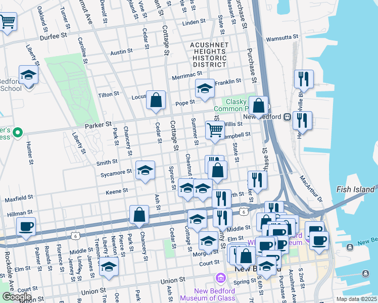 map of restaurants, bars, coffee shops, grocery stores, and more near 106 Chestnut Street in New Bedford