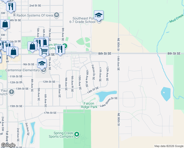 map of restaurants, bars, coffee shops, grocery stores, and more near 1018 Falcon Drive Southeast in Altoona
