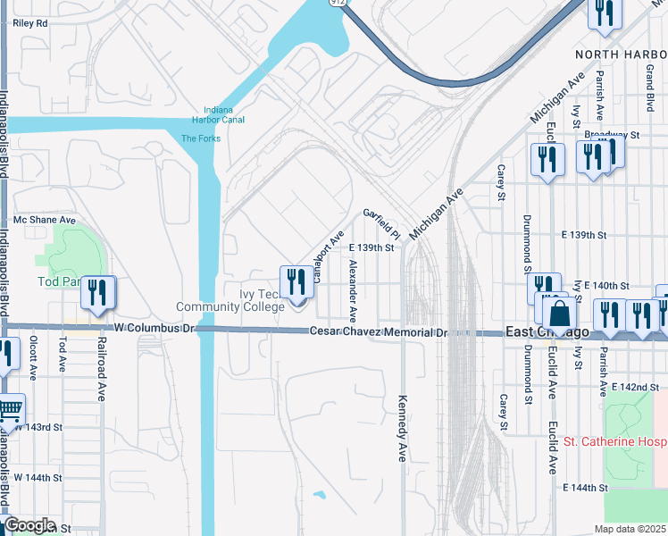map of restaurants, bars, coffee shops, grocery stores, and more near 3919 McCook Avenue in East Chicago