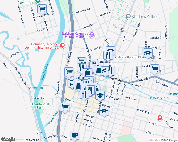 map of restaurants, bars, coffee shops, grocery stores, and more near 40299 Market Street in Meadville