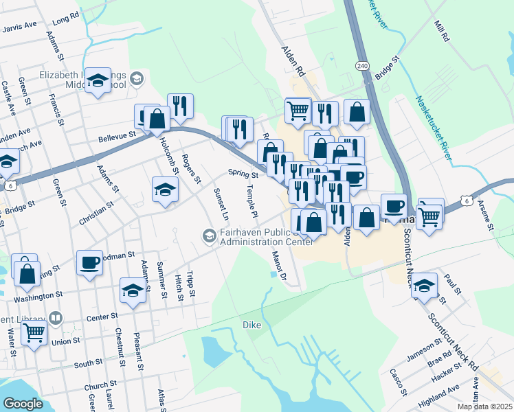 map of restaurants, bars, coffee shops, grocery stores, and more near 16 Temple Place in Fairhaven