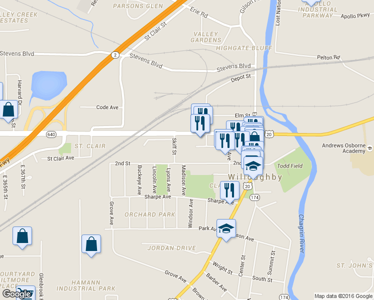 map of restaurants, bars, coffee shops, grocery stores, and more near 37712 Vine St in Willoughby