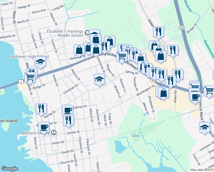 map of restaurants, bars, coffee shops, grocery stores, and more near 1 Homestead Avenue in Fairhaven