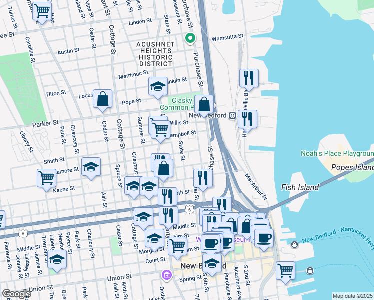 map of restaurants, bars, coffee shops, grocery stores, and more near 25 Sycamore Street in New Bedford