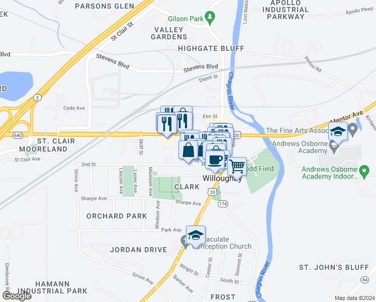 map of restaurants, bars, coffee shops, grocery stores, and more near 37936 3rd Street in Willoughby