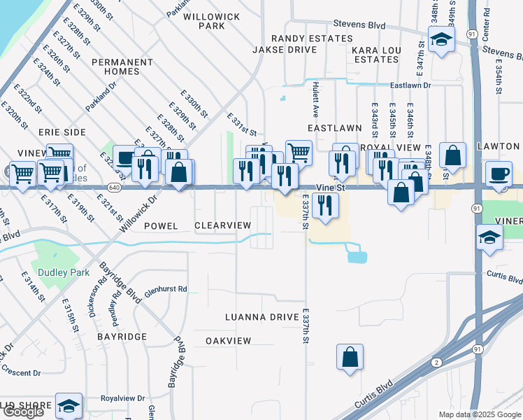 map of restaurants, bars, coffee shops, grocery stores, and more near 33330 Vine Street in Eastlake