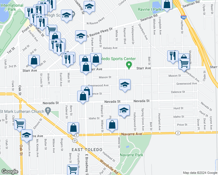 map of restaurants, bars, coffee shops, grocery stores, and more near 1224 Greenwood Avenue in Toledo