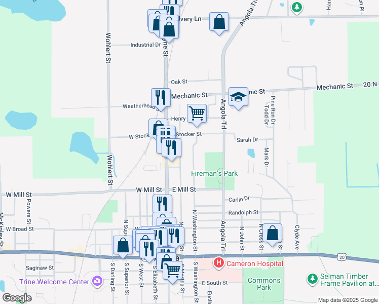 map of restaurants, bars, coffee shops, grocery stores, and more near 615 North Washington Street in Angola