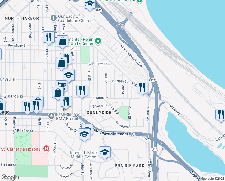 map of restaurants, bars, coffee shops, grocery stores, and more near 3920 Evergreen Street in East Chicago