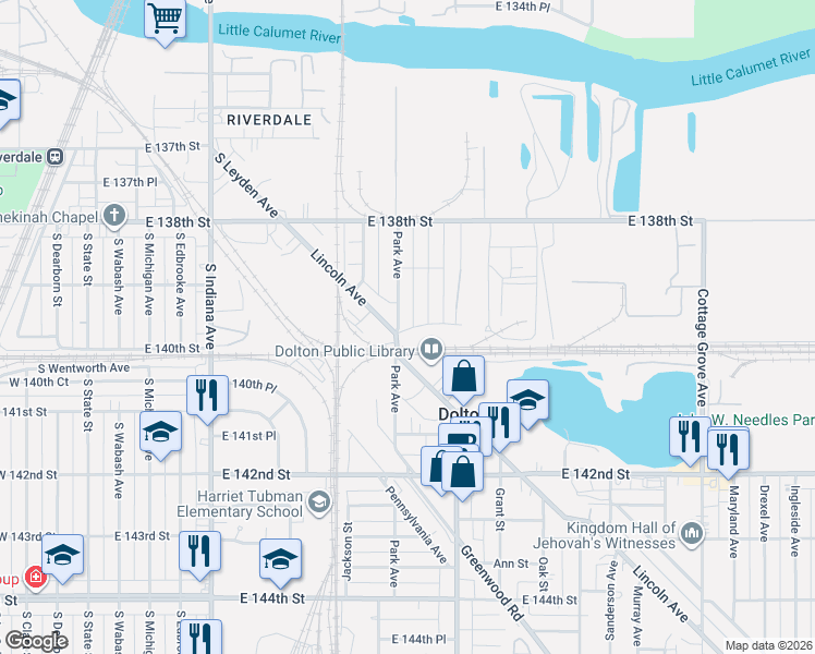 map of restaurants, bars, coffee shops, grocery stores, and more near 13930 Kanawha Avenue in Dolton