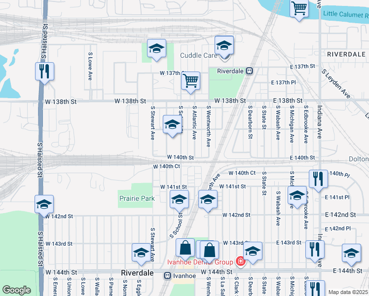 map of restaurants, bars, coffee shops, grocery stores, and more near 13928 South Atlantic Avenue in Riverdale