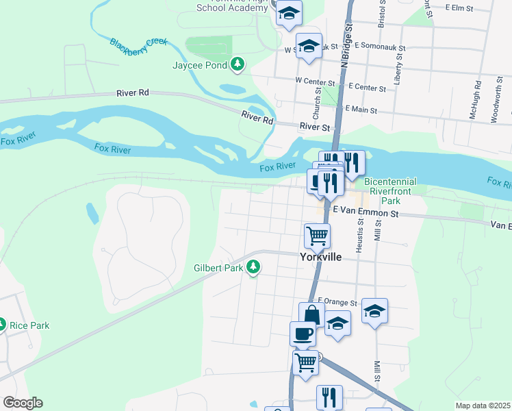 map of restaurants, bars, coffee shops, grocery stores, and more near 410 Morgan Street in Yorkville