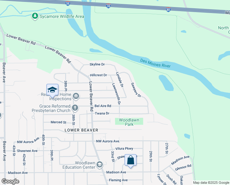 map of restaurants, bars, coffee shops, grocery stores, and more near 3206 Crestmoor Place in Des Moines