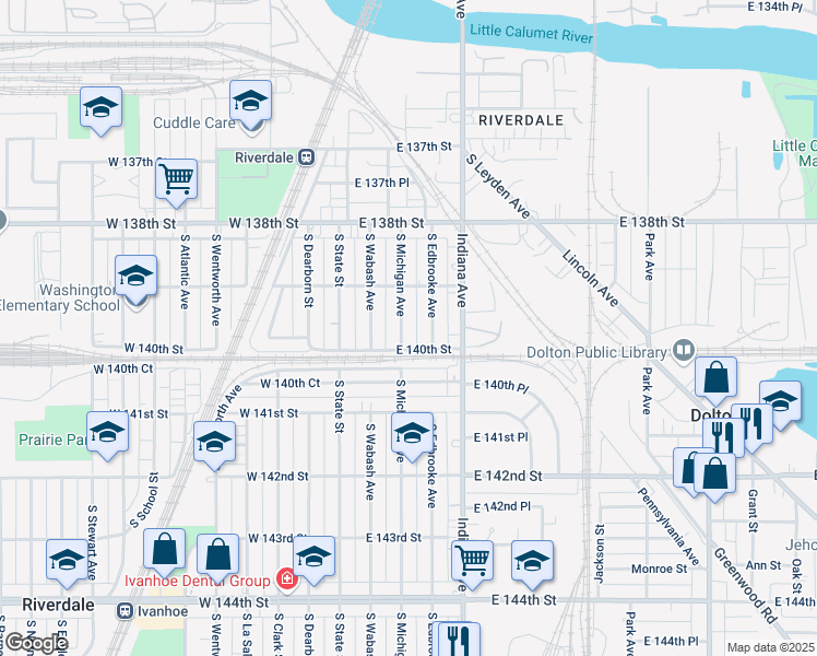 map of restaurants, bars, coffee shops, grocery stores, and more near 13927 South Michigan Avenue in Riverdale
