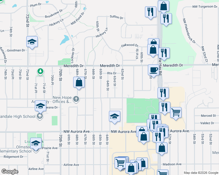 map of restaurants, bars, coffee shops, grocery stores, and more near 4411 64th Street in Urbandale