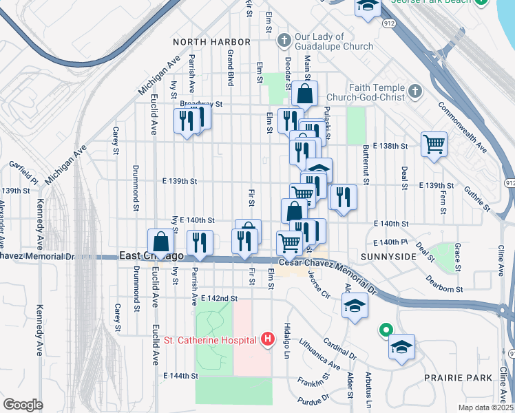 map of restaurants, bars, coffee shops, grocery stores, and more near 3923 Fir Street in East Chicago