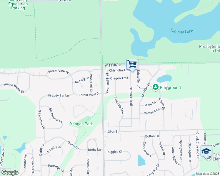 map of restaurants, bars, coffee shops, grocery stores, and more near 13633 Overland Trail in Orland Park