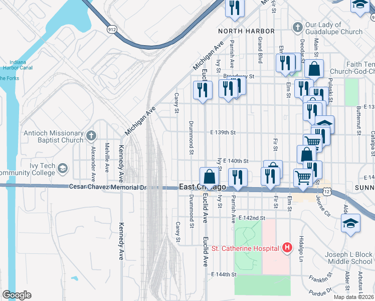 map of restaurants, bars, coffee shops, grocery stores, and more near 3928 Drummond Street in East Chicago