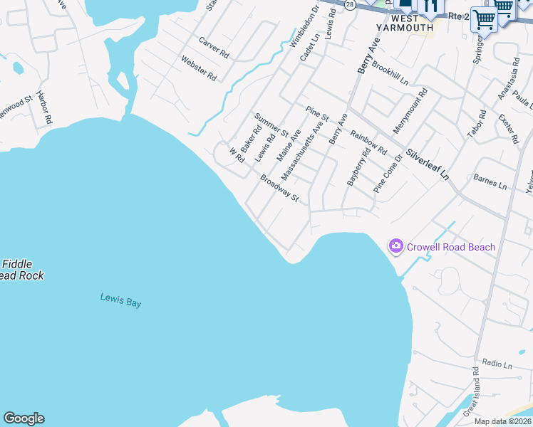 map of restaurants, bars, coffee shops, grocery stores, and more near 100 Massachusetts Avenue in Yarmouth