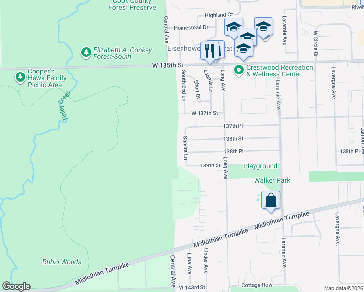 map of restaurants, bars, coffee shops, grocery stores, and more near 13812 Sandra Ln in Crestwood