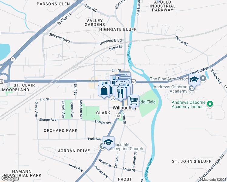 map of restaurants, bars, coffee shops, grocery stores, and more near 38040 3rd Street in Willoughby