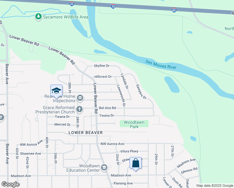 map of restaurants, bars, coffee shops, grocery stores, and more near 3206 Crestmoor Place in Des Moines