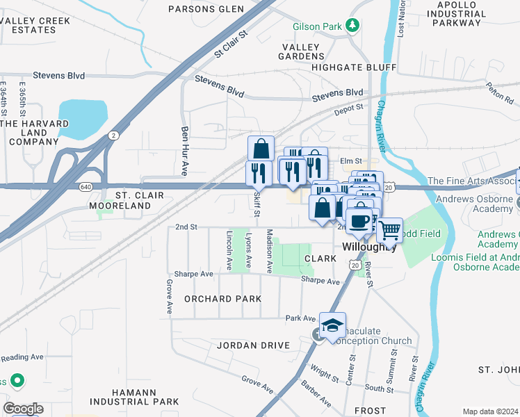 map of restaurants, bars, coffee shops, grocery stores, and more near 4055 Skiff Street in Willoughby