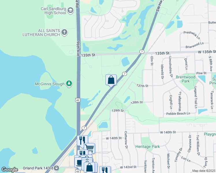map of restaurants, bars, coffee shops, grocery stores, and more near 13624 Southwest Highway in Orland Park
