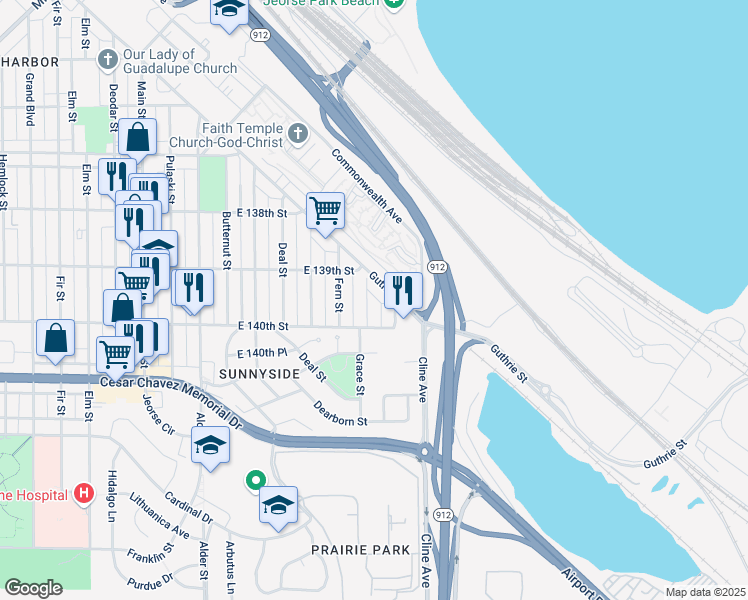 map of restaurants, bars, coffee shops, grocery stores, and more near 3917 Grace Street in East Chicago