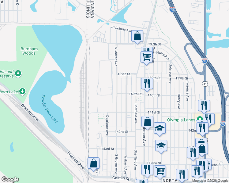 map of restaurants, bars, coffee shops, grocery stores, and more near 3954 South Grover Avenue in Hammond