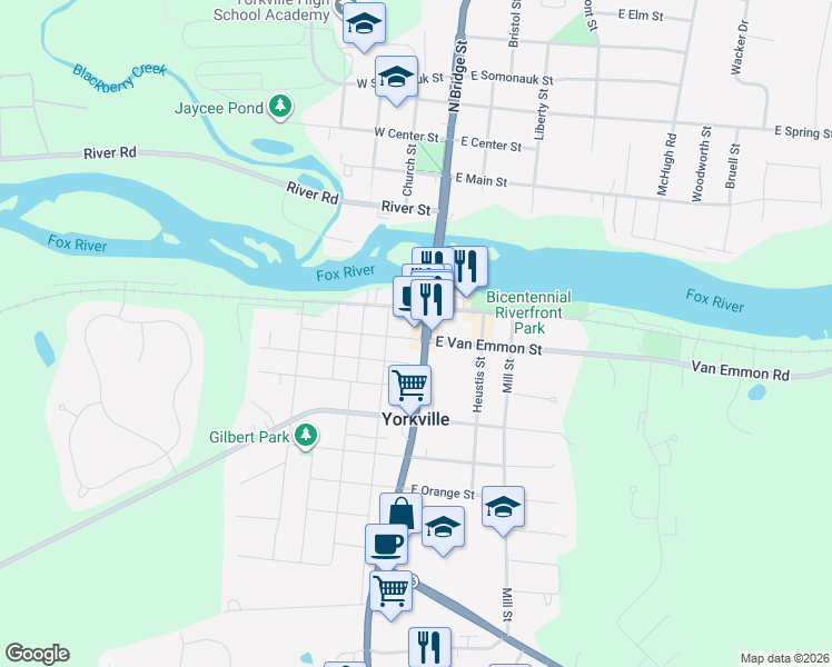 map of restaurants, bars, coffee shops, grocery stores, and more near 101 West Van Emmon Street in Yorkville