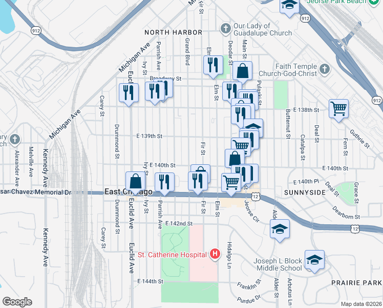 map of restaurants, bars, coffee shops, grocery stores, and more near 3922 Grand Boulevard in East Chicago