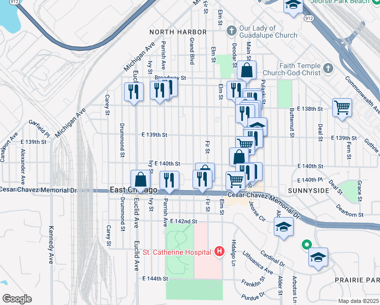 map of restaurants, bars, coffee shops, grocery stores, and more near 3922 Grand Boulevard in East Chicago