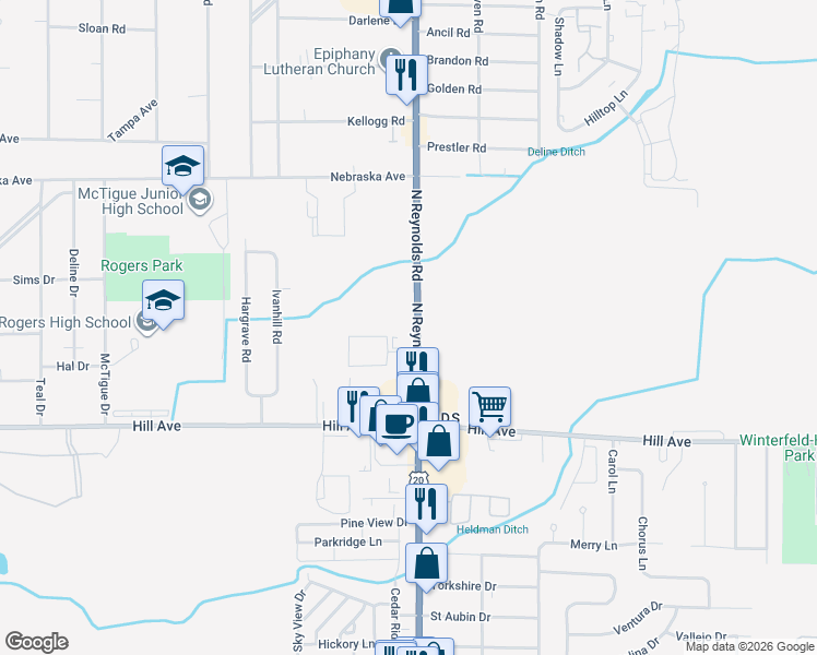 map of restaurants, bars, coffee shops, grocery stores, and more near 215 North Reynolds Road in Toledo