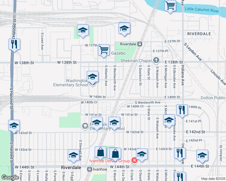 map of restaurants, bars, coffee shops, grocery stores, and more near 13930 South Wentworth Avenue in Riverdale