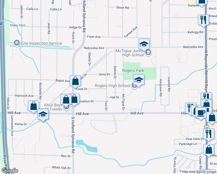map of restaurants, bars, coffee shops, grocery stores, and more near 204 Teal Drive in Toledo
