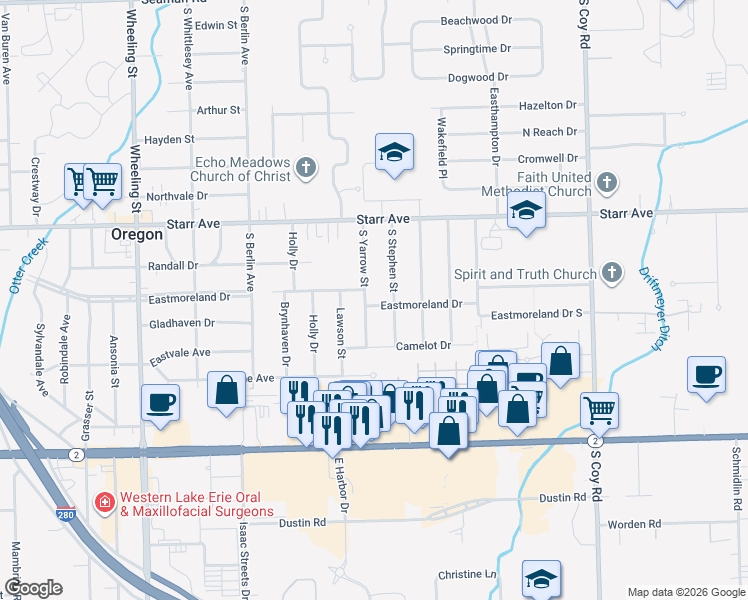 map of restaurants, bars, coffee shops, grocery stores, and more near 3013 Eastmoreland Dr in Oregon