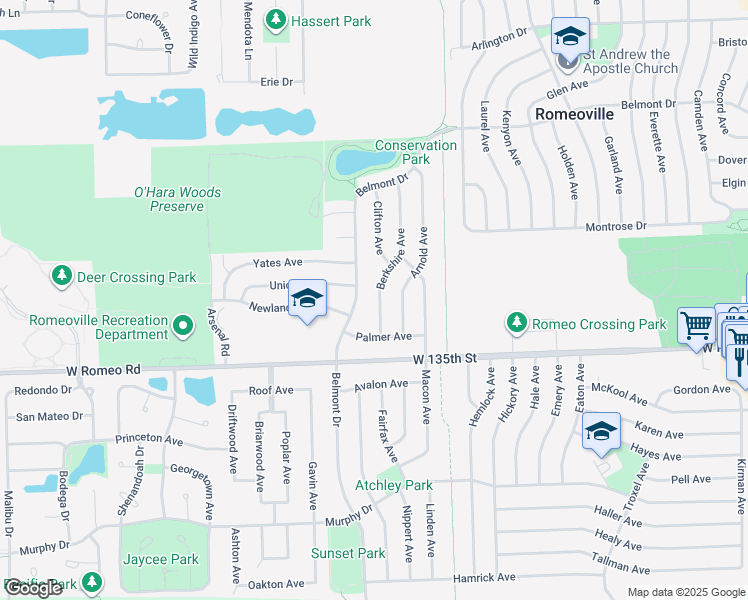 map of restaurants, bars, coffee shops, grocery stores, and more near 420 Berkshire Avenue in Romeoville