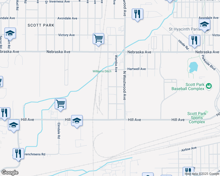 map of restaurants, bars, coffee shops, grocery stores, and more near 230 Burbank Drive in Toledo