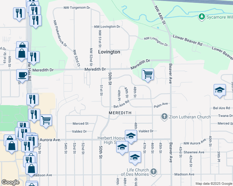 map of restaurants, bars, coffee shops, grocery stores, and more near 4528 49th Place in Des Moines