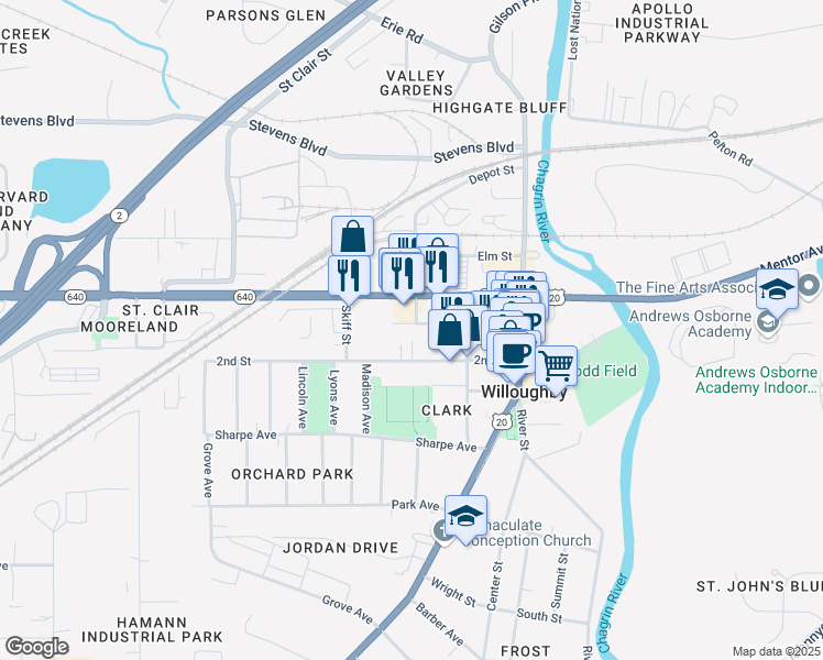 map of restaurants, bars, coffee shops, grocery stores, and more near 37822 3rd Street in Willoughby