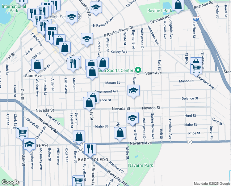 map of restaurants, bars, coffee shops, grocery stores, and more near 1224 Greenwood Avenue in Toledo