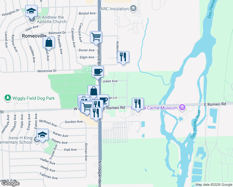 map of restaurants, bars, coffee shops, grocery stores, and more near 359 De Paul Court in Romeoville