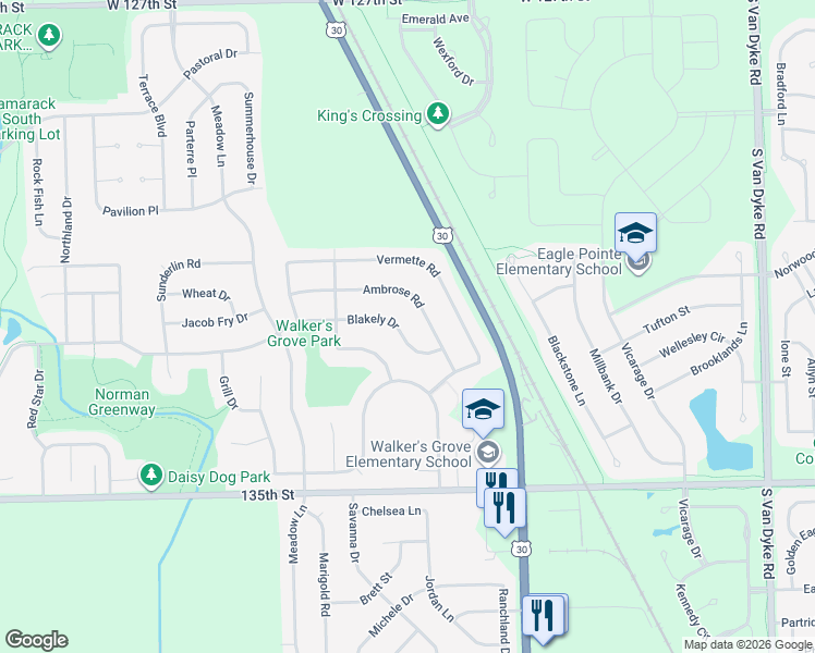 map of restaurants, bars, coffee shops, grocery stores, and more near 24930 Blakely Dr in Plainfield