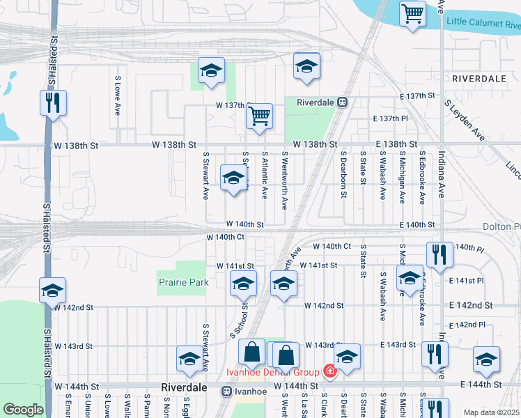 map of restaurants, bars, coffee shops, grocery stores, and more near 13928 South Atlantic Avenue in Riverdale