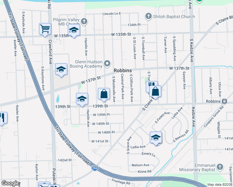 map of restaurants, bars, coffee shops, grocery stores, and more near 13815 South Monticello Avenue in Robbins