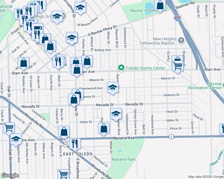 map of restaurants, bars, coffee shops, grocery stores, and more near 1406 Greenwood Avenue in Toledo
